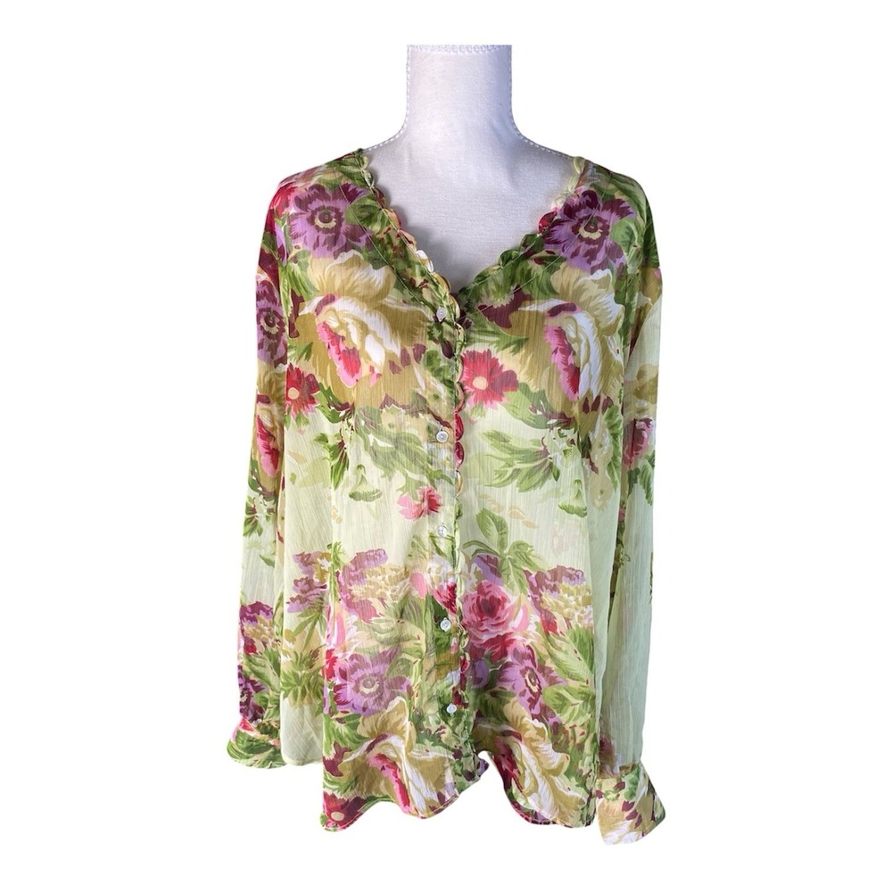 Soft Surroundings Women's Top Sheer Lightweight Button Front Floral Print Sz 1X